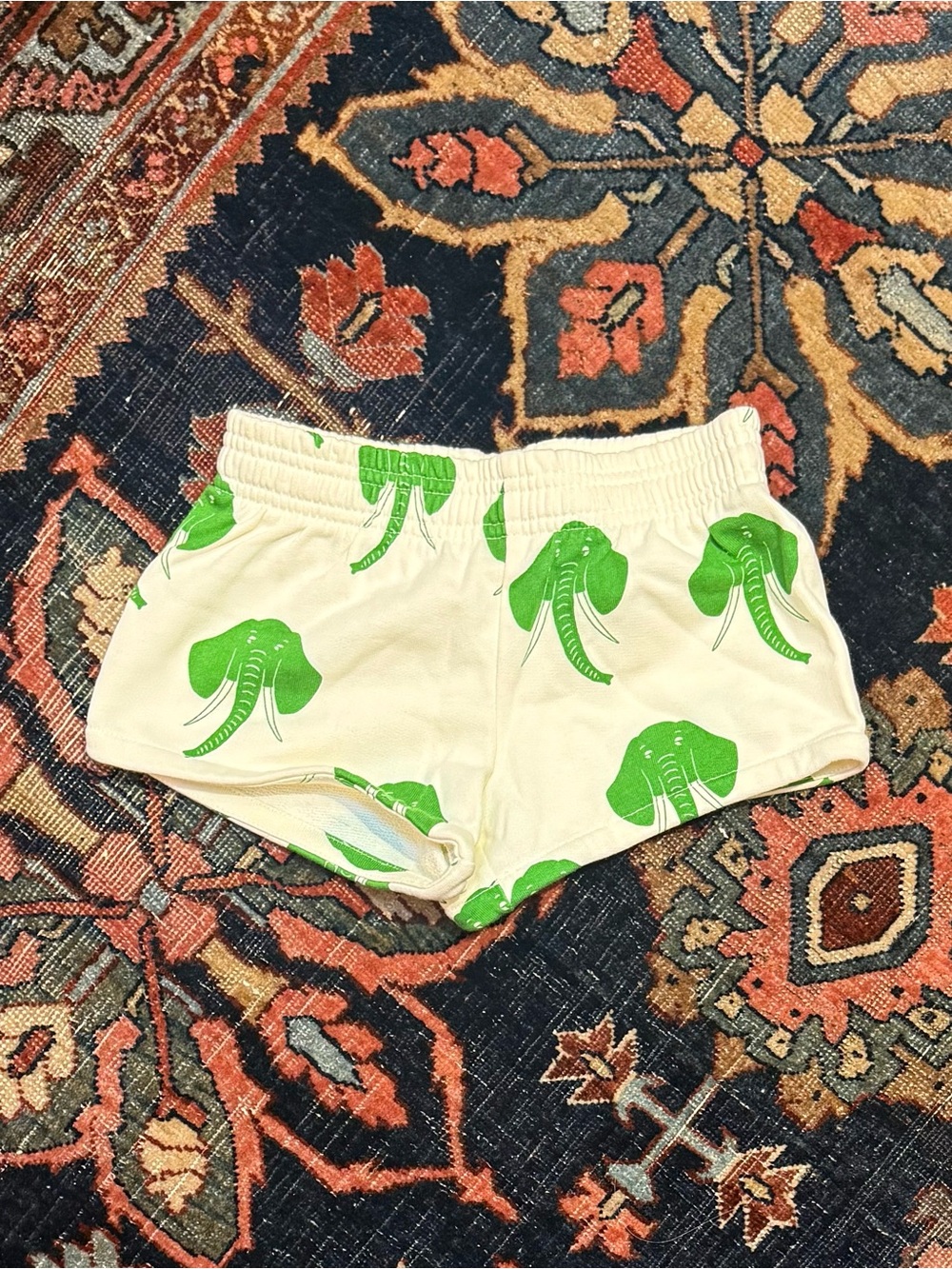 Mini Rodini Cream Athletic Shorts with Green Elephant Motif Size 92/98